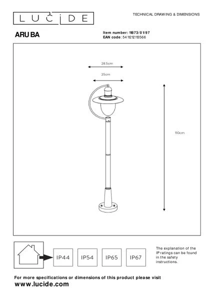 Lucide ARUBA - Lanterne / lampadaire exterieur - Ø 25 cm - 1xE27 - IP44 - Rouille - technique